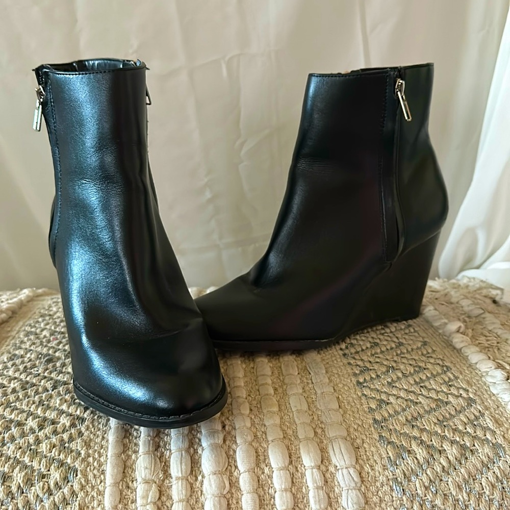 Black leather wedge, ankle bootie